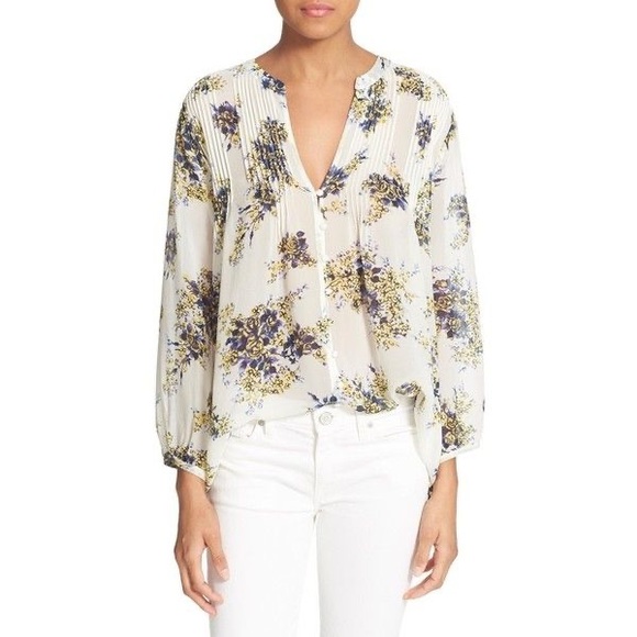 JOIE Silk Porcelain Laurel B Floral Pleat Blouse - Picture 1 of 7
